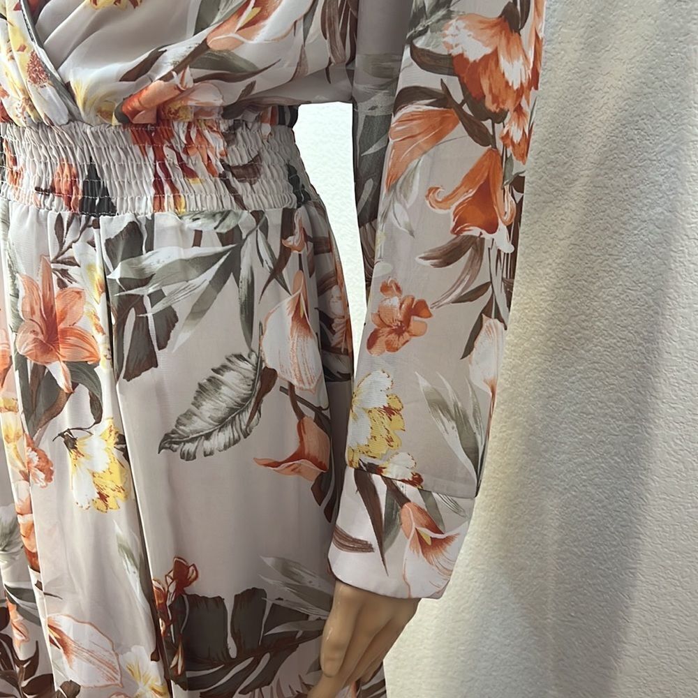 Enfocus Dress Size 14P V Neck Floral Long Sleeve Sheer Lined Skirt Elastic Waist - Picture 5 of 11